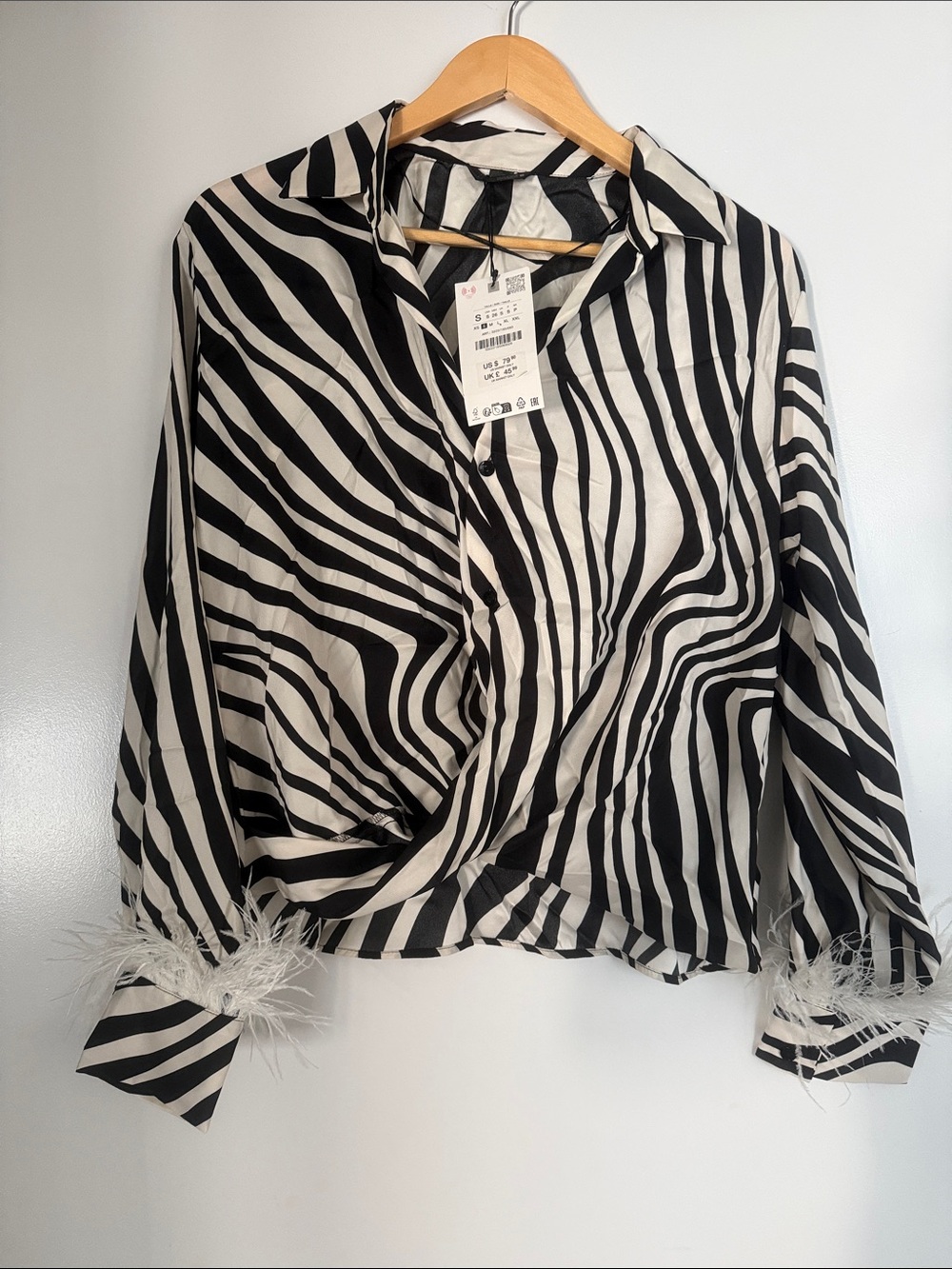 Zara Black & White Zebra-Stripe Feather Cuff Wrap Blouse